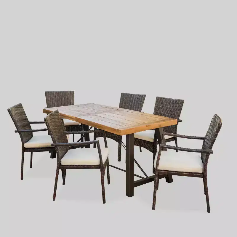 Laguna 7pc Acacia Wood/Wicker Patio Dining Set - Brown/Cream - Christopher Knight Home: Weather-Resistant, 6 Arm Chairs