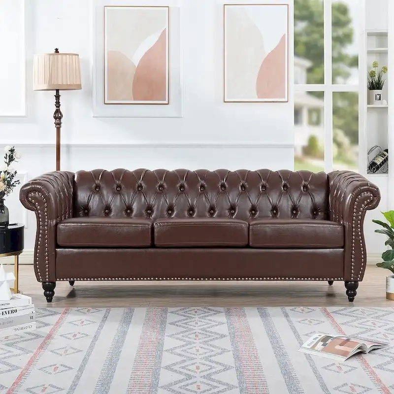 84.65 Chesterfield Tufted Faux Leather Sofa with Rolled Arms