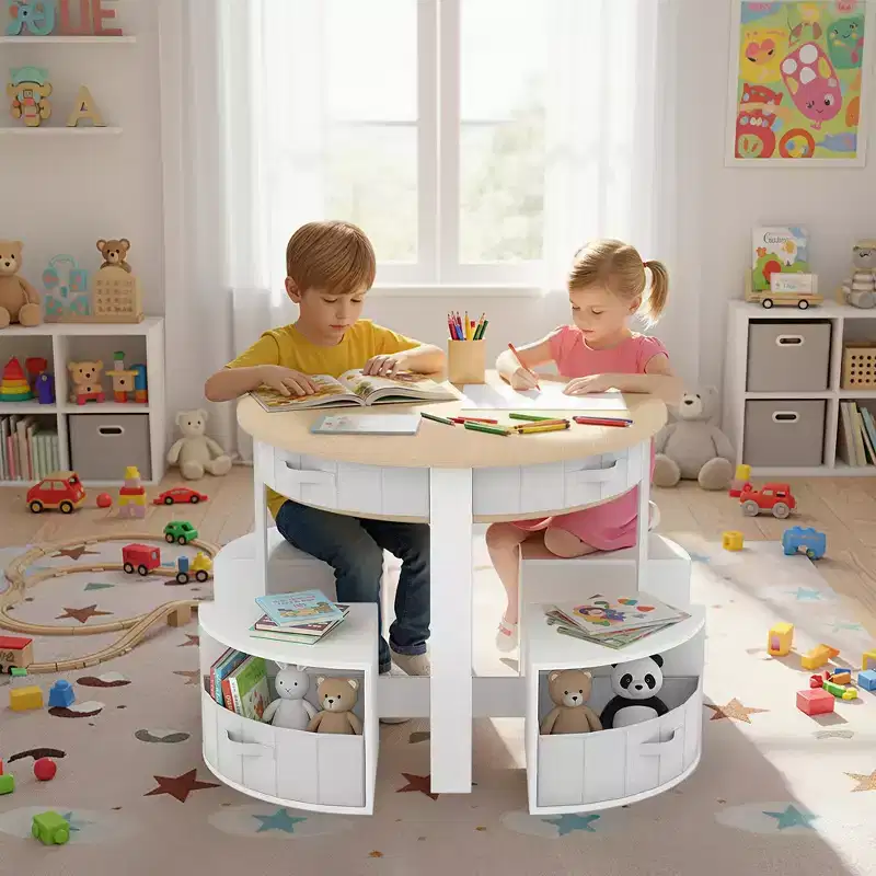 Kids Table and Chair Set, 5 Pieces Wooden Round Nesting Design Children Table With 4 Storage Stools & 4 Fabric Drawers, Toddler Table and Chair Set