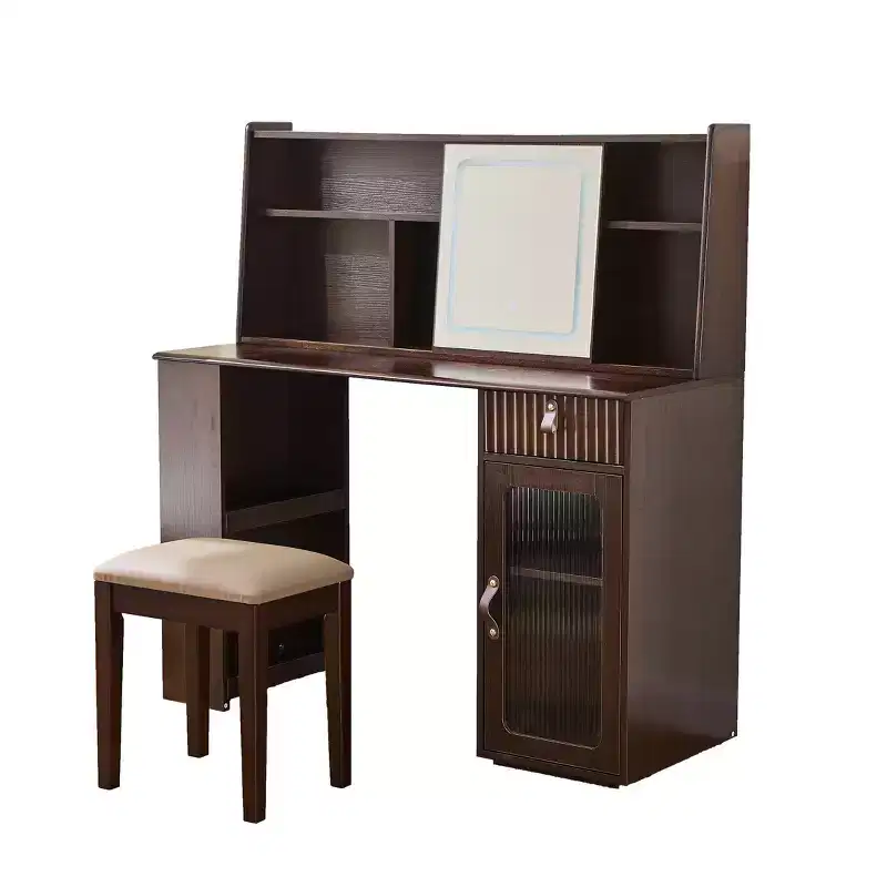 Homy Casa Vanity Table with LED Mirror Storage Hutch and Stool for Bedroom or Dressing Area, Walnut