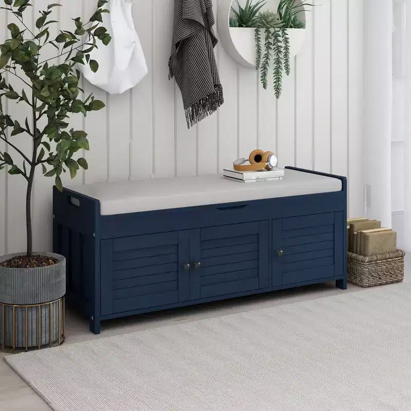 Wooden Storage Bench, Upholstered Entryway Bench with Removable Cushion, Shoe Cabinet with Hidden Storage for Entryway Bedroom Living Room
