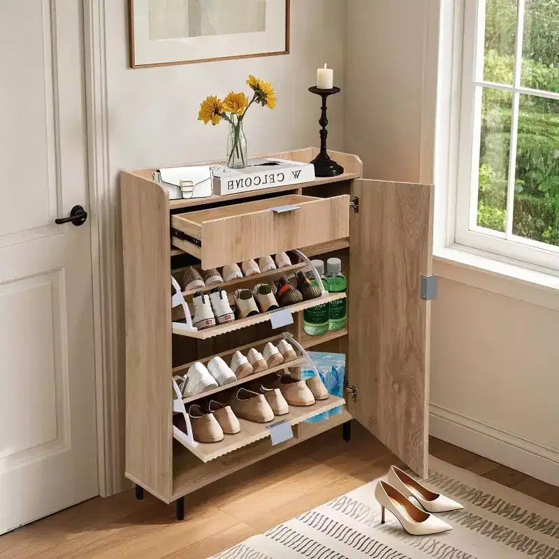 Wave Pattern Shoe Cabinet with Double Trays & Drawer Narrow Oak Shoe Storage with Metal Legs for Entryway
