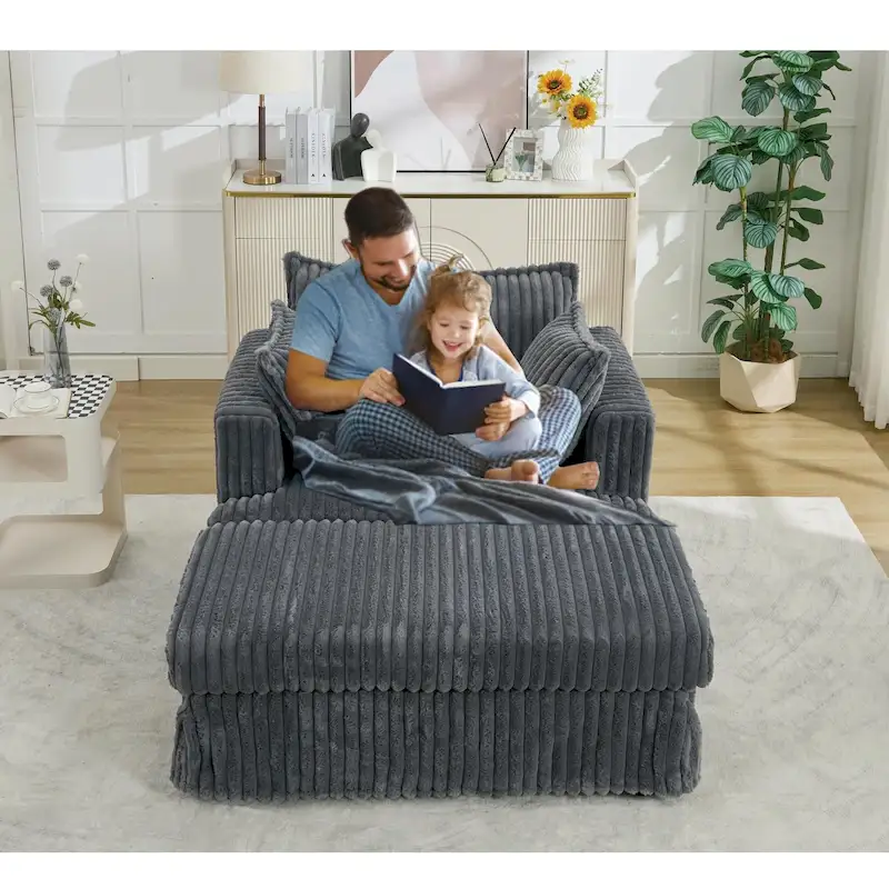 Modern 47.8 Upholstered Oversized Chaise Longue Chair with Ottoman and Pillows
