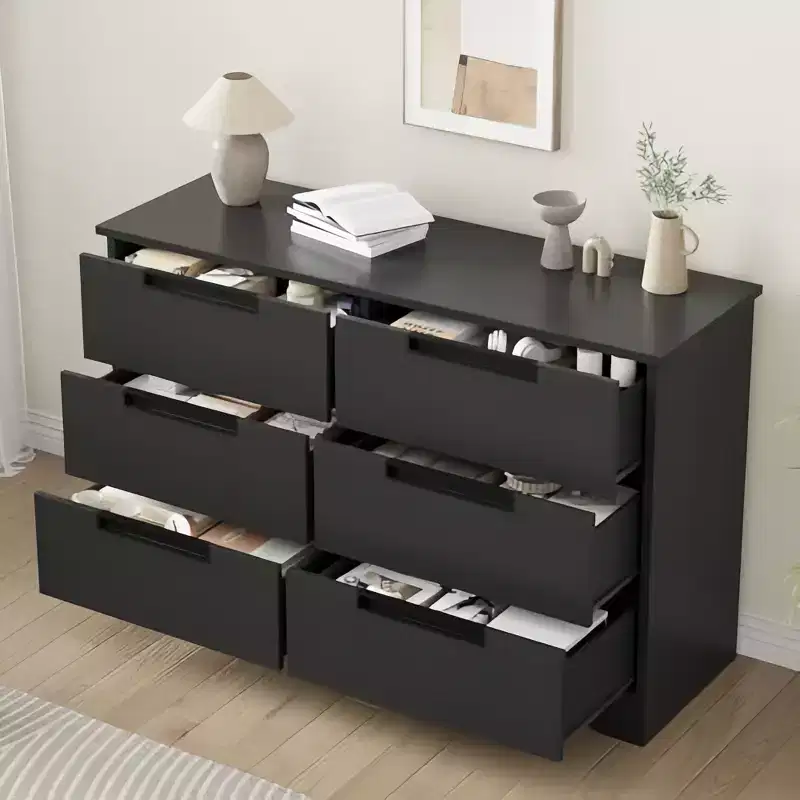 GustoWave Black Horizontal 6-drawers Dresser with Embedded Handles, Wood Relief Texture Design - Anti-tipping