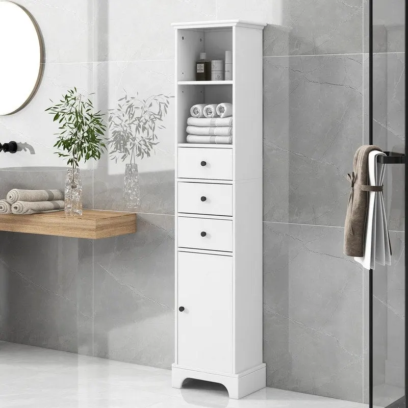 White Tall Storage Cabinet, Wood Finish, 2 Drawers & 1 Door