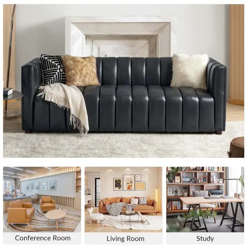 Olinto Modern Camel 83-Inch Genuine Leather Curved Couch with Channel Back by HULALA HOME
