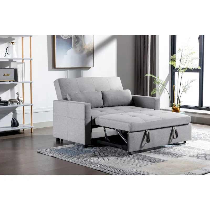 55.12 3-in-1 Linen Convertible Loveseat Sofa Bed with Side Pocket and Pillows