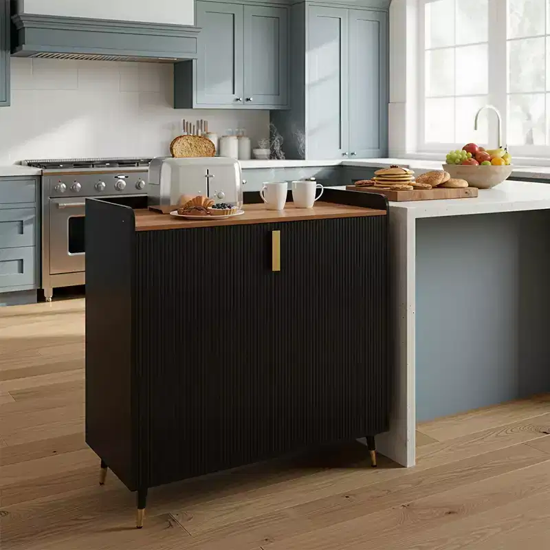 Wine Cabinet, Wine Bar Cabinet with Fluted Doors, Modern Small Buffet Sideboard with Wine Rack & Glass Holders