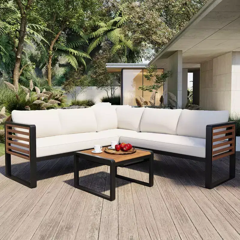 GDFStudio Cameron Patio Modern Acacia Wood & Metal 4-Piece L-Shaped Sectional Sofa Set with Coffee Table and Cushions