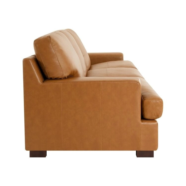 Modern Genuine Leather Sofa with Wooden Legs & Additional Bolster Pillow