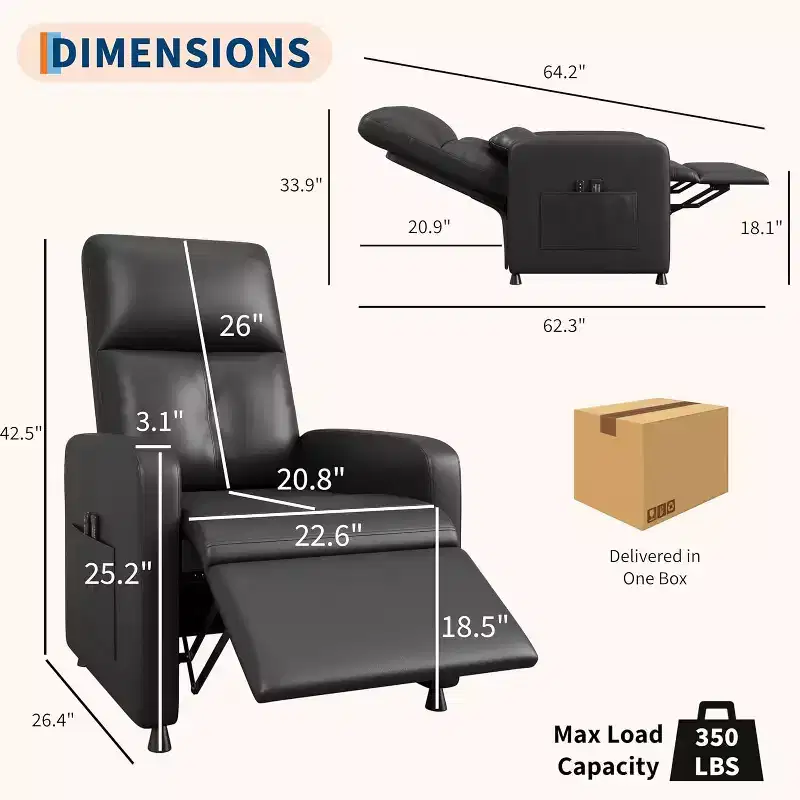 Acekool Power Recliner Chair, Adjustable Electric PU Leather Recliner with USB Port, Side Pockets, Ergonomic Single Sofa for Living Room, Home Theater