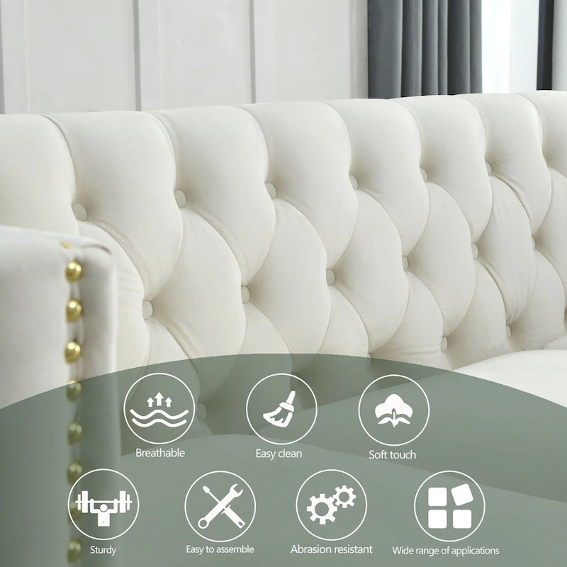 Modern Velvet Sofa Couch Upholstered Button and Metal Legs