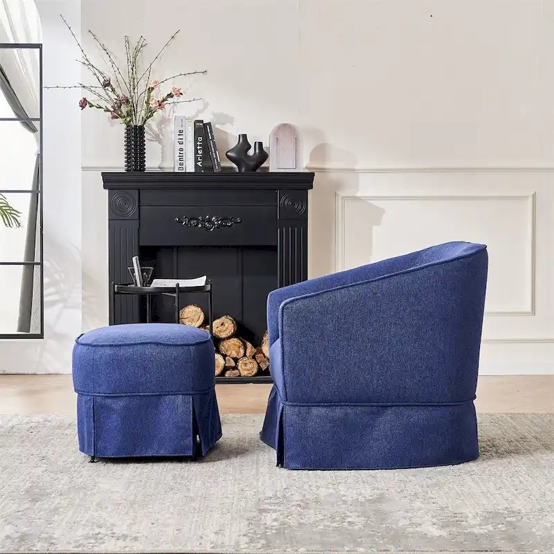 Swivel Barrel Chair with Ottoman and Black Metal Base