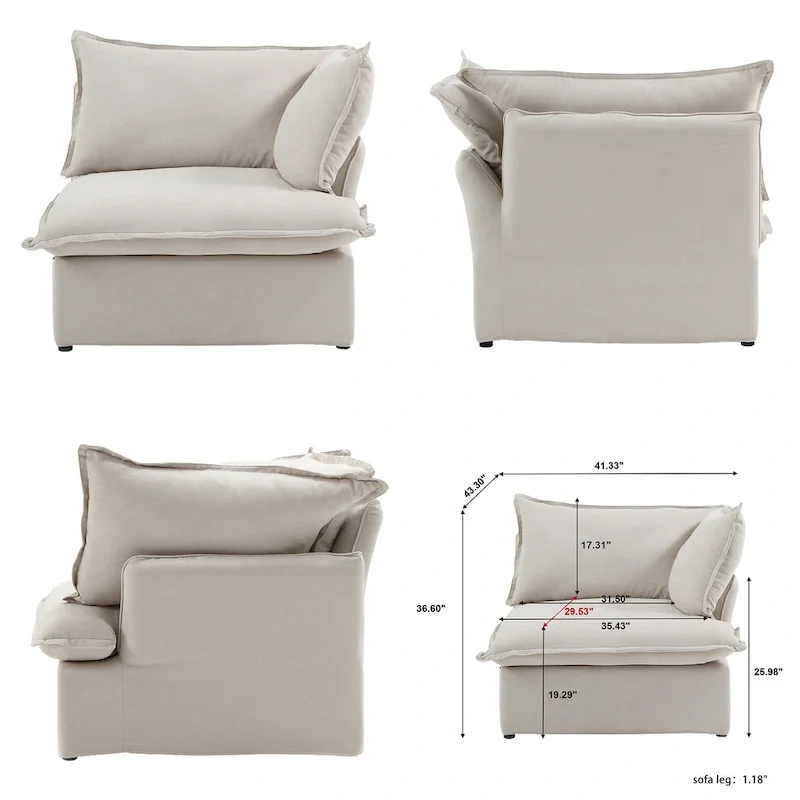 L-shape Linen Sofa Modern Upholstered Sectional Sofa with Ottoman