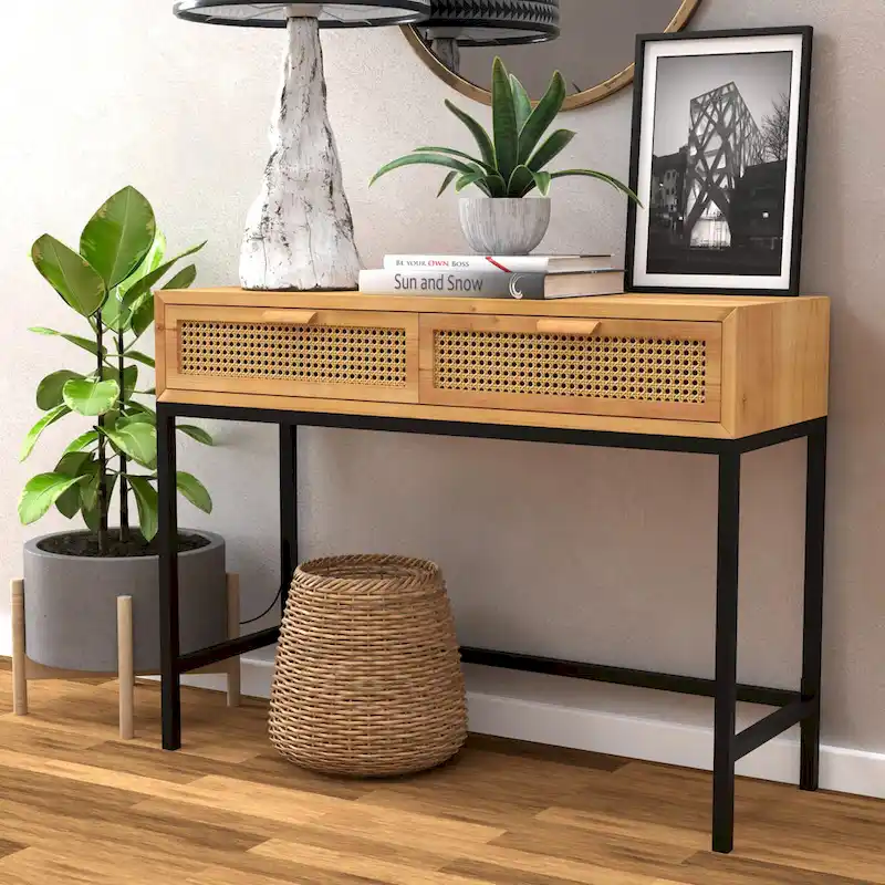 COZAYH 44 Woven Front Modern Farmhouse Console Table Sofa