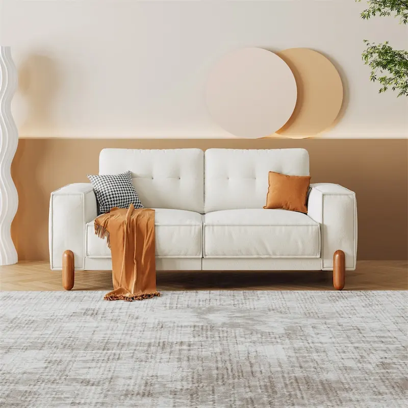 Modern Teddy Fabric Upholstered Sofa w/ Wood Legs and 2 Pillows