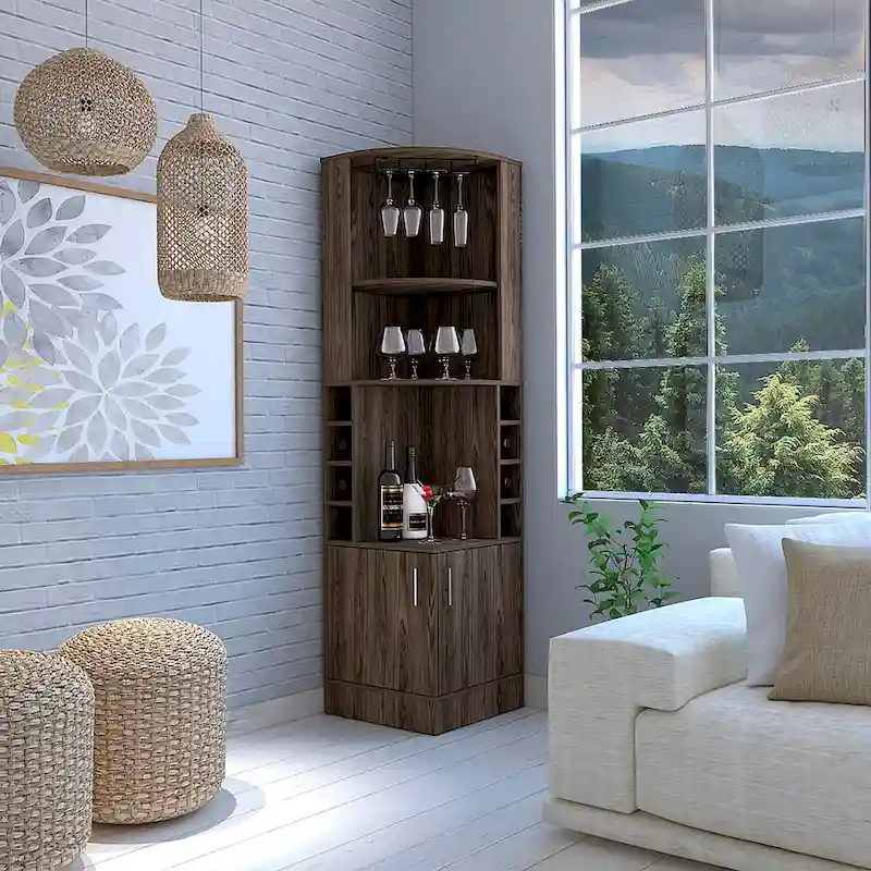 TUHOME Syrah Corner Bar Cabinet with 2-Doors and 8 Cubbies - N/A