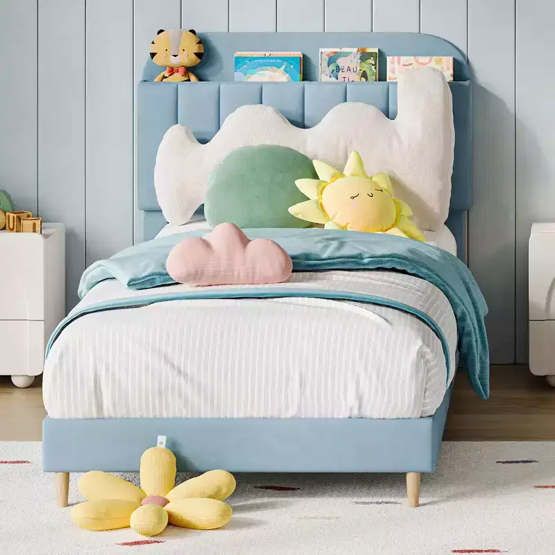 Twin Bed Frame with Bookcase Headboard, Velvet Upholstered Platform - Wooden Slat Support, Noise-Free, No Box Spring Needed, Easy Assembly