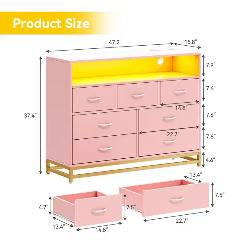 Acekool Bedroom 7 Drawer Long Dresser Chest, Wooden Wide Storage Organizer for Clothes and Accessories, Pink Colors
