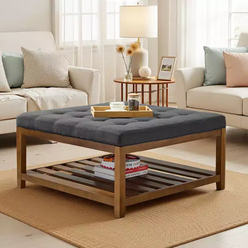 Large Square Ottoman Coffee Table, 34.5 Inch Tufted Coffee Table with Solid Wood Shelf Storage, Linen Upholstered, 400 LBS, Dark Gray