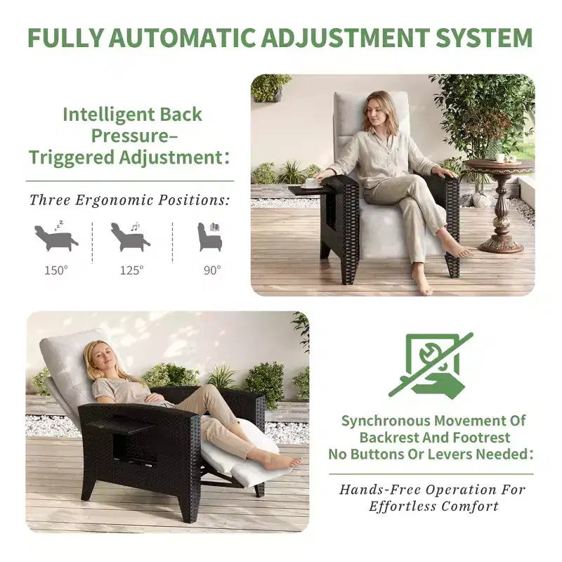 Wicker Recliner Chair with Adjustable Back & Footrest,150 Lay Flat Rattan Reclining Patio Chair with Extendable Side Table & Air Pump