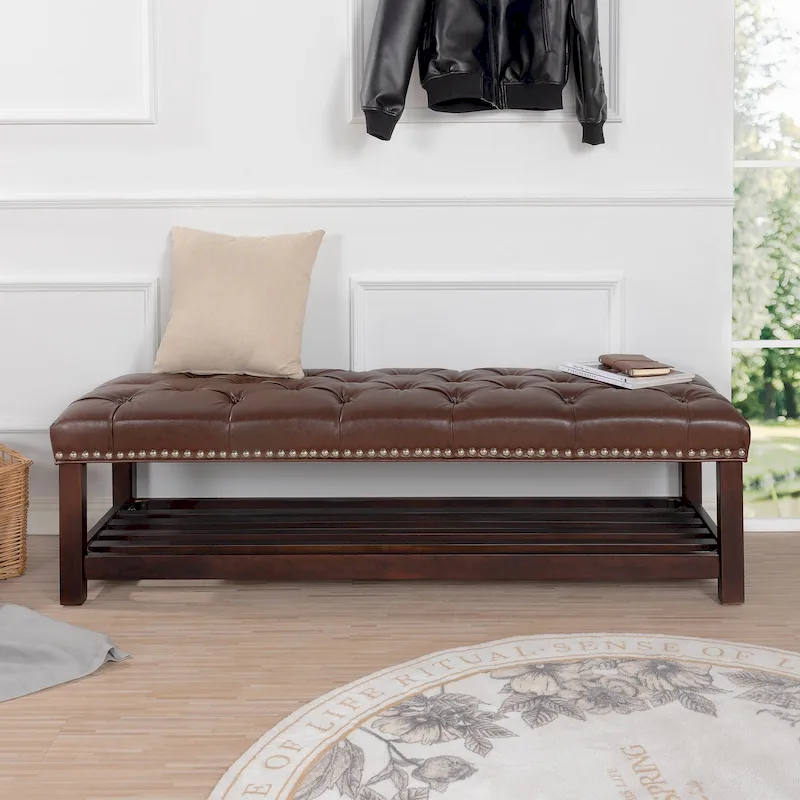 Christopher Knight Home - Florian Tufted Upholstered End of Bed Bench with Nailhead Trim and Shelf