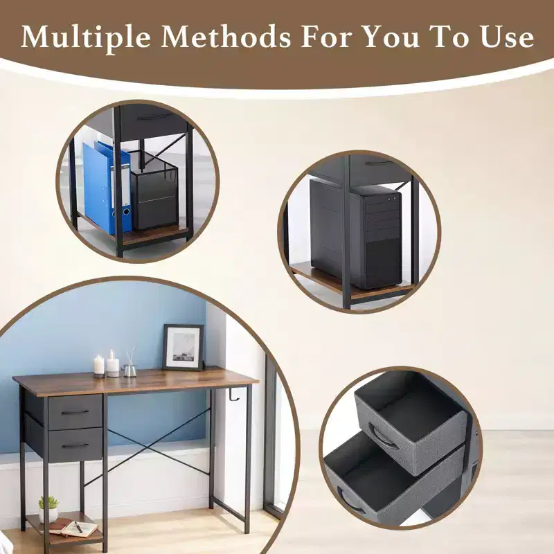 Modern Wood Computer Desk with Adjustable Position Drawers & Side Hooks, Teens Student Storage Writing Desk for Study, Office