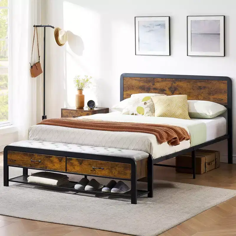 Rustic Large Bed Frame w/Bench and 2 Storage Drawers, Metal Platform Bed Frame w/Wood Headboard, No Box Spring Needed