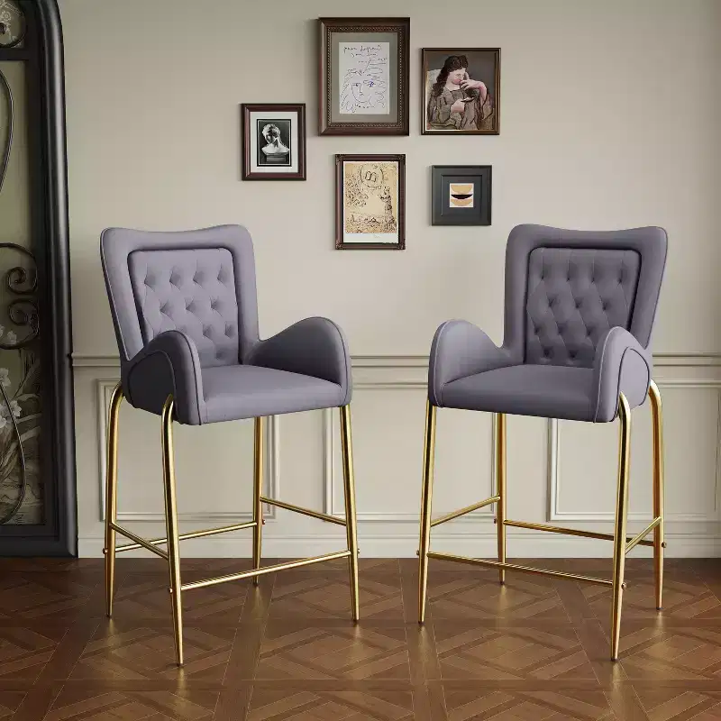 MAYEERTY Set of 2 28.75in Counter Height Bar Stools Velvet Upholstered Golden Legs With Footrest Gray for Kitchen Island