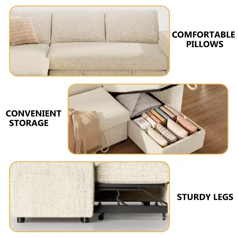 Dyonery 81-inch convertible sofa, with built-in cup holders and storage compartments in the armrests, hidden drawers, and a movable empress position