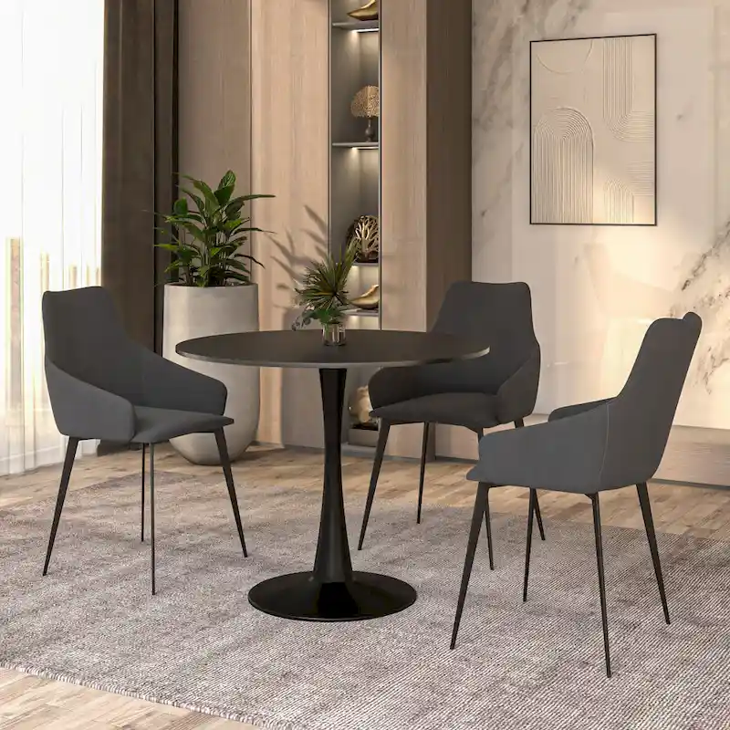 35 Inch Mid Century Modern Round Dining Table, Wood Top & Glossy Iron Pedestal Base for Kitchen & Dining Room