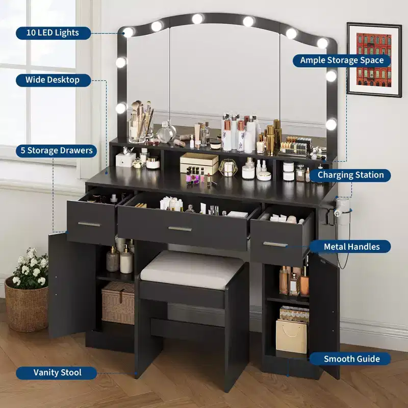 Vanity Desk, Makeup Vanity Desk with Mirror & 9 LED Light Bulbs, Large Drawers and Three Level Storage & Tiers of Open Shelves for Bedroom, White