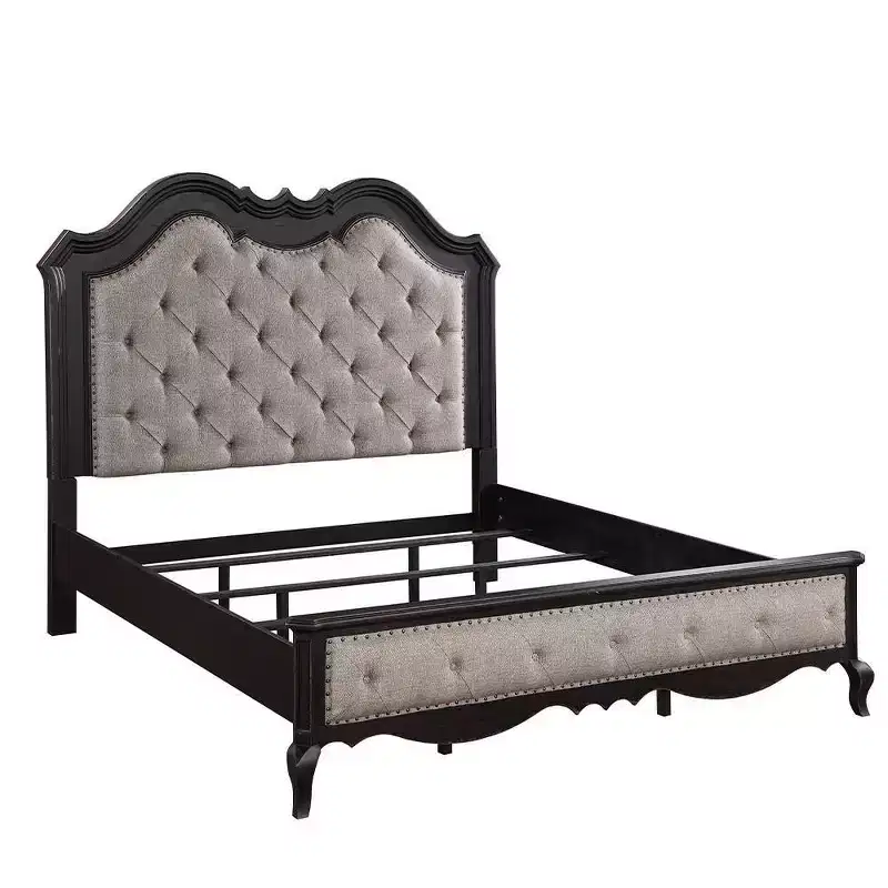 82.5"California King Bed Chelmsford Bed Beige Fabric Antique Black Finish - Acme Furniture: Tufted Upholstered Traditional Design