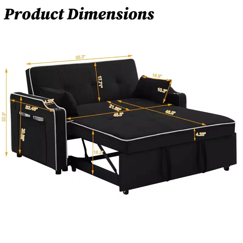 GustoWave Sleeper Sofa Couch Bed with port, Modern 3-in-1 Convertible Velvet Pull Out Loveseat Futon Sofa, with Adjustable Backrest, Black