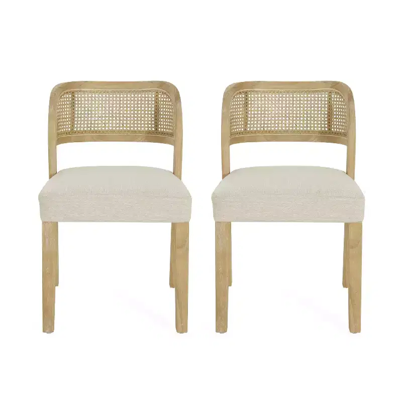 Christopher Knight Home Meera Farmhouse Rubberwood Upholstered Dining Chairs with Curved Natural Rattan Cane Back (Set of 2)