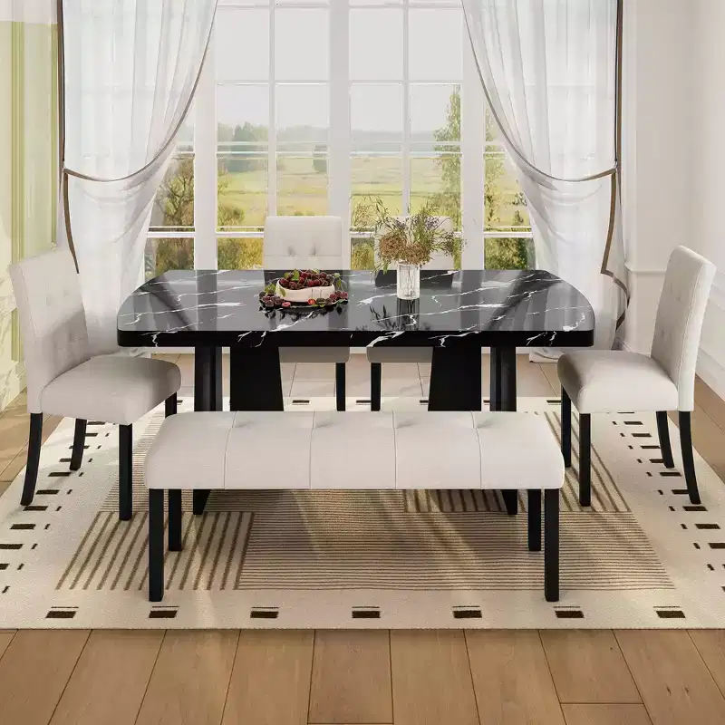 MAYEERTY Modern Tufted Linen Dining Bench, Black Rubber Wood Legs