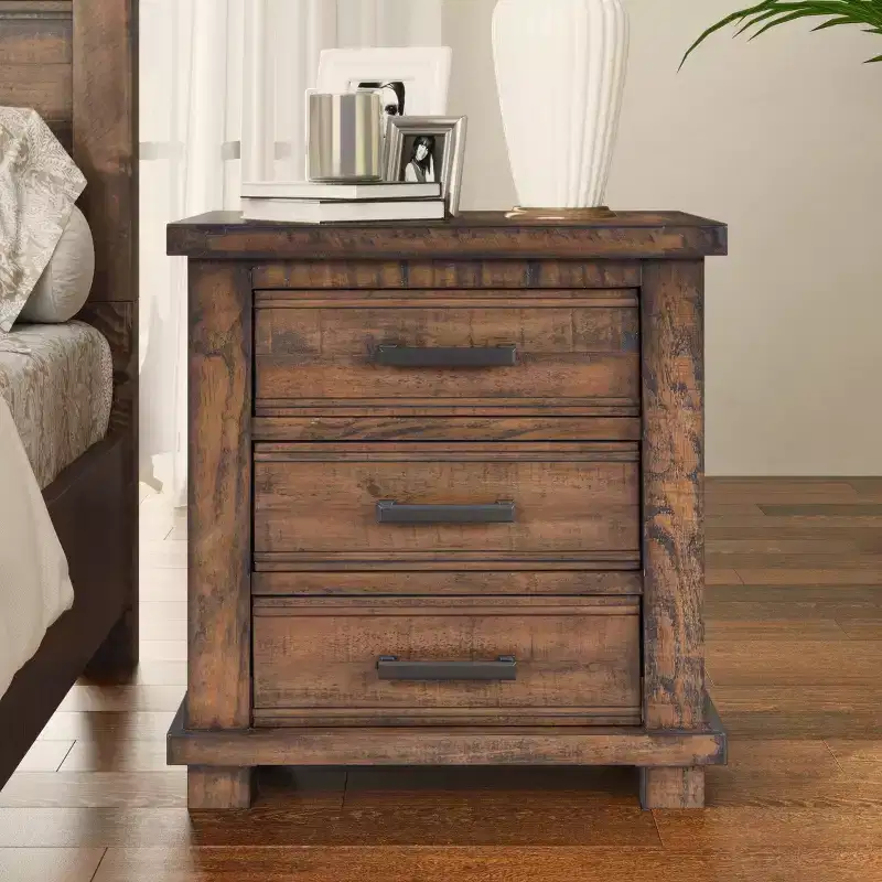 Rustic 3-Drawer Nightstand, Reclaimed Pine Wood Accent Table Farmhouse Side Table End Table, Natural - ModernLuxe