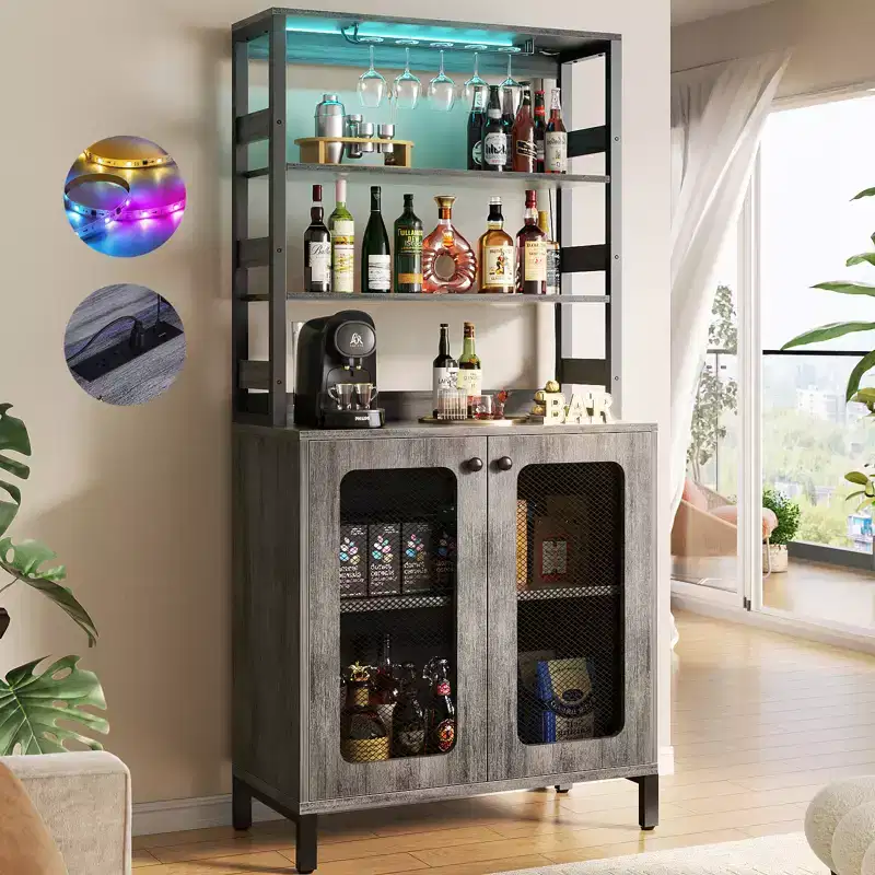 Beige / Black / Brown / Gray / White Bar Cabinet – Freestanding, 30-Bottle Storage, 1–2 Person Assembly