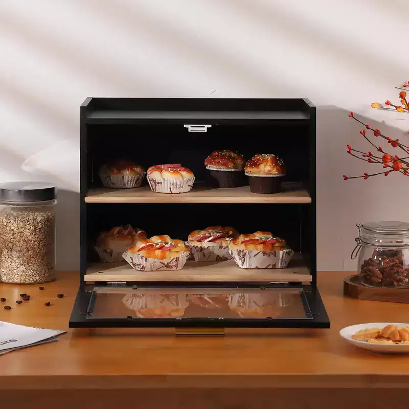 Bread Box for Kitchen Counter, Double Layer Bamboo Bread Storage with Window