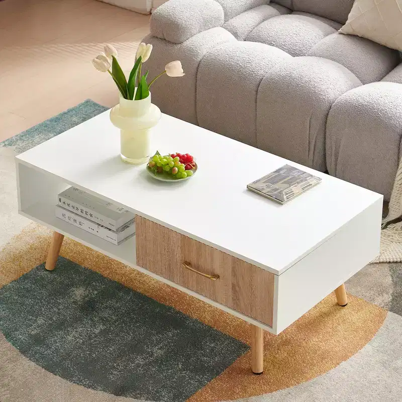 White Rectangle Coffee Table with Sliding Drawer, 40.94'' L