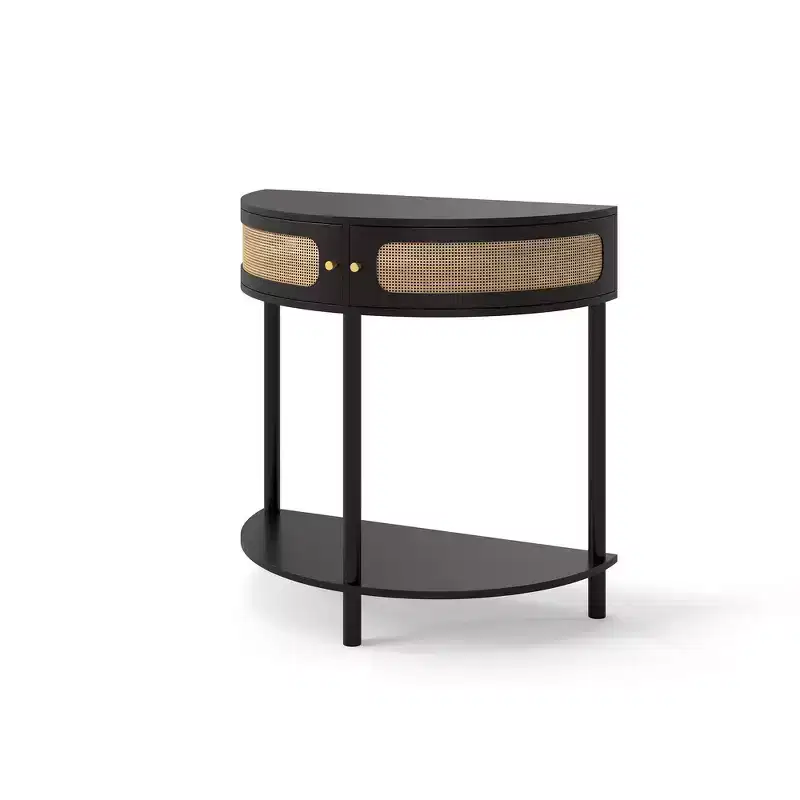 Elegant Semi-Circle End Table with 2 Rattan Drawers and Bottom Shelf for Living Room, Bedroom, Hallway