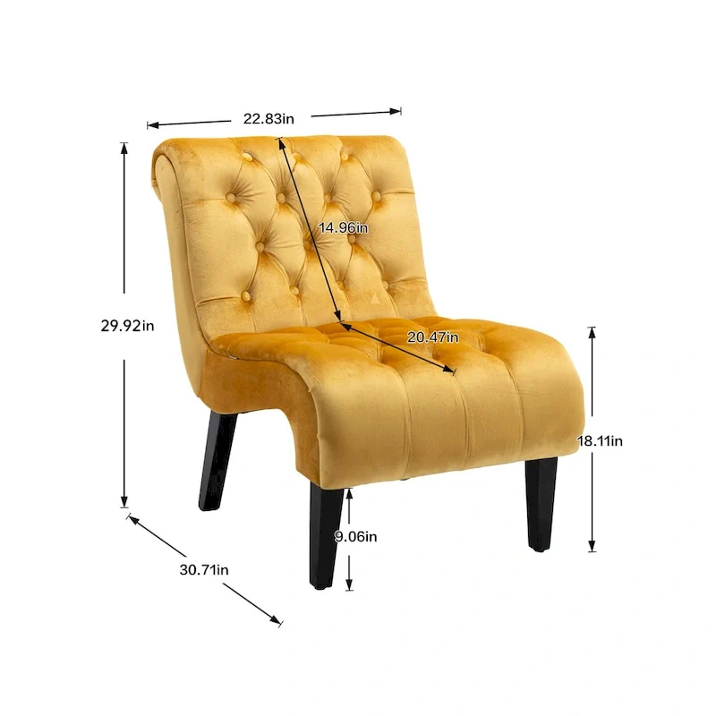 Velvet Armless Accent Chair with Wooden Legs and Thick Cushioned Seat