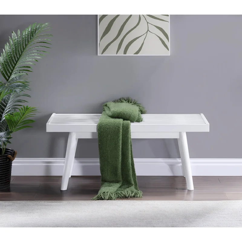 Roundhill Furniture Larwich Solid Wood Slatted Bench, White - 41.30W x 16.50D x 17.50H