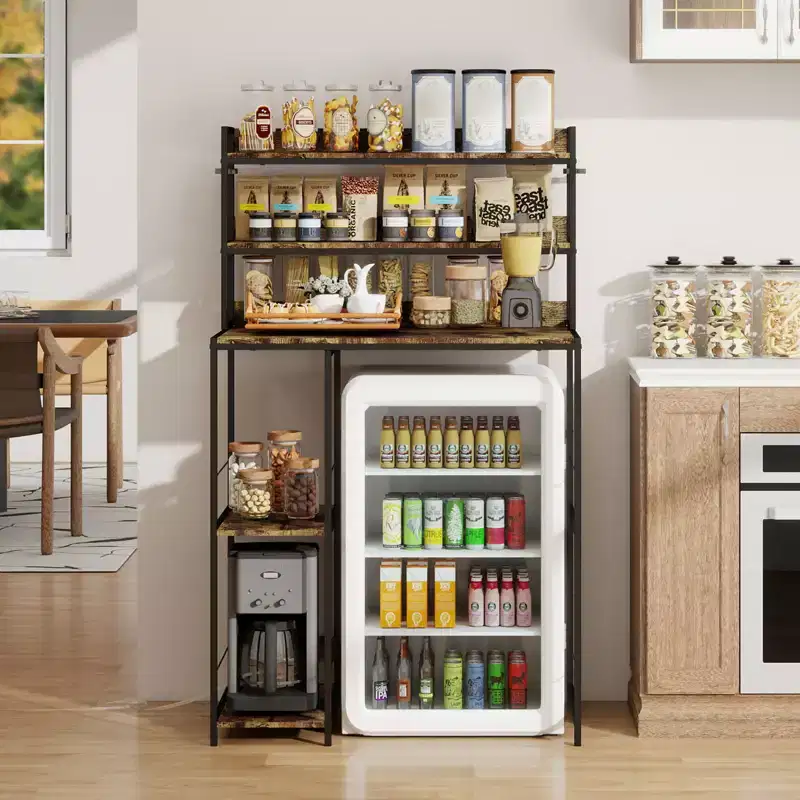 Mini Fridge Stand With Storage Shelves, Space Saving Mini Fridge Cabinet, Adjustable Left/Right Organizer With Power Outlet