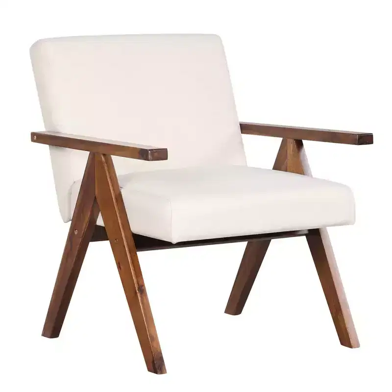 Modern Accent Chair, Linen Fabric Upholstery with Solid Acacia Wood Frame, Beige or Grey