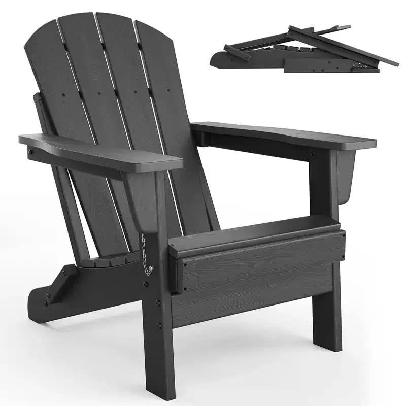 COZONY Folding Adirondack Chair Set of 2, HDPE WoodGrain Outdoor Patio Chair with Cup Holder, All Weather Resistant