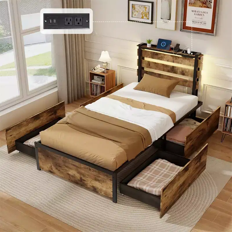 Costway Twin Size Bed Frame w/ Drawers LED Lights Outlets & USB Ports Smart APP Control