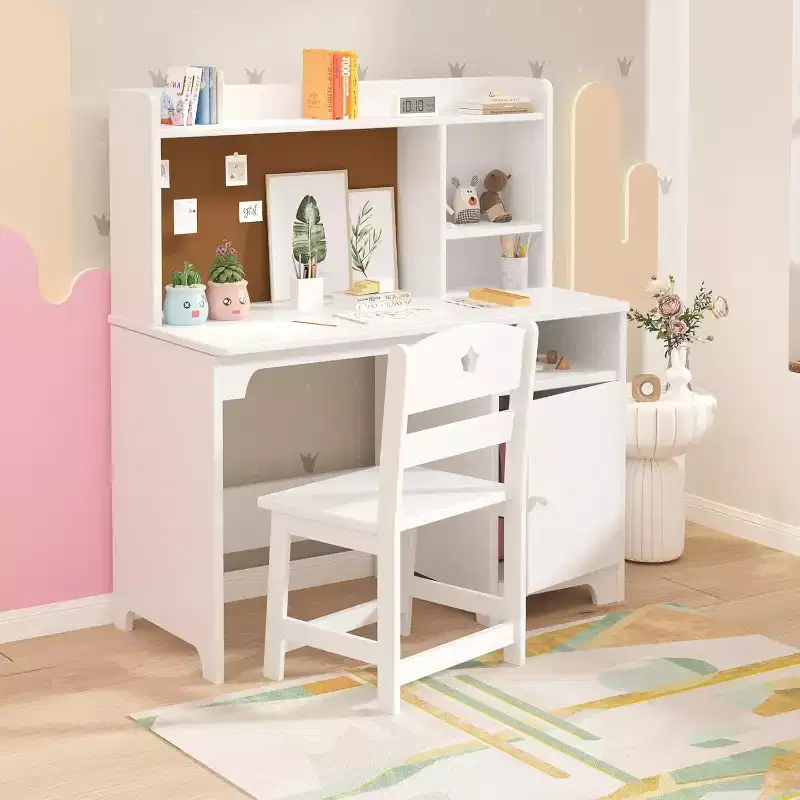 Kids Desk, Study Desk for Boys Girls Storage Cabinet, Student Writing Desk Computer Workstation for Kids Bedroom & Study Room, White