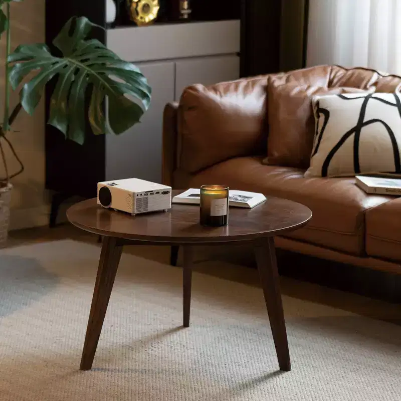 Round Solid Wood Coffee Table with Shelf, Brown, 3-Leg Base, 400 lb Capacity