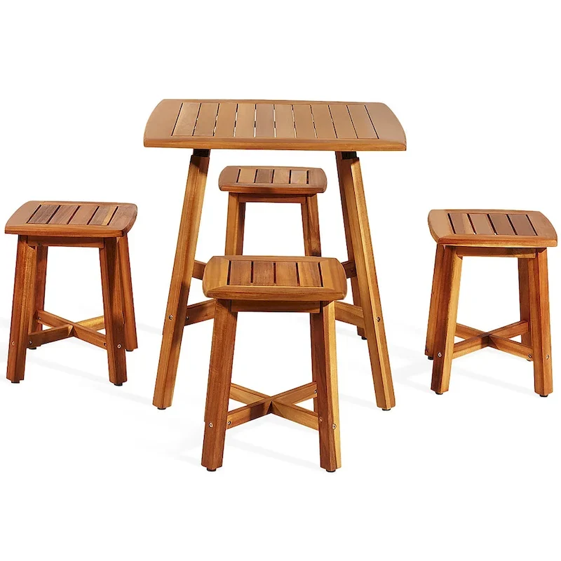 Costway 5PCS Acacia Patio Dining Set W/Square Table & 4 Stools Reddish